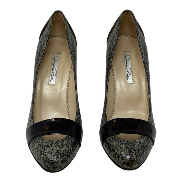Oscar de la Renta Gray Speckled Leather Tortoise Trim Pumps size 37 - Picture 7 of 11
